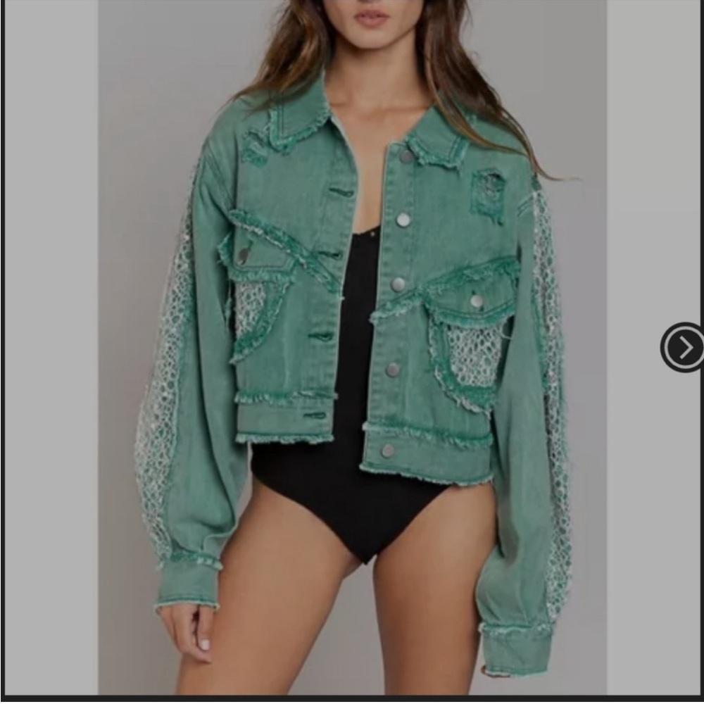 POL Green Distressed Cropped Denim Jacket with Lace Panels